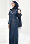 Navy Blue Janjan Evening Dress with Gathered Front and Shoulder Detail - 3