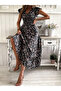 Women's Floral Patterned Double Breasted Collar Short Sleeve Elastic Waist Dress