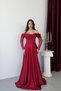 Burgundy Boat Neck Underwire Lace Detailed Long Evening Dress