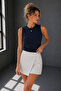Women's Navy Blue Cotton Crew Neck Body-Hugging Zero Sleeve Basic Blouse - 2