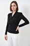 Women's Double-Breasted Collar Black Blouse with Shoulder Padding - 2