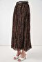 Women's Belted Pleated Patterned Brown Skirt - 4