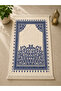 Luxurious Velvet Woven Prayer Rug with Soft Texture and Fringed Mihrab Pattern, Navy Blue
