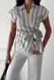Women's Striped Double Breasted Blouse with Tie Detail Short Sleeve Shirt Blouse - 2