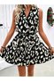 Women's Strappy Double-Breasted Collar Belted Waist Patterned Short Dress - 3