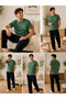 Men's Cotton Pajama Set Short Sleeve Green Printed Top Black Long Pants Comfortable Home Wear - 2