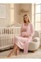New Season Pink Wide Strap Buttoned Design Stylish Lace Detailed 100% Cotton Maternity Dressing Gown Nightgown Set of 2 - 4