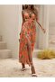 Women's Halter Neck V-Neck Slit Long Patterned Single Jersey Dress with Rope Straps - 4