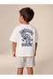 Boy's 2-Piece Set: Front and Back Printed Combed Cotton T-Shirt and Double-Pocket Knitted Shorts in Navy Blue with Stripes. - 2