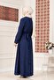 Tie-Waist Jacquard Evening Dress-Dark Blue - 4