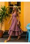 Burgundy White Gingham Square Neck A-Line Midi Dress with Ruffle Detail at Hem - 5