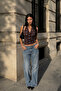 Women's Brown - Blue Polka Dot Degaje Collar Crop Top - 6