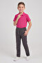 Boy's Fuchsia Short Sleeve Polo Collar T-Shirt Smoked Ribbed Waist Canvas School Pants Bottom Top Set School Outfit - 2