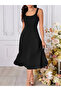 Women's Strap Geometric Collar Wide Cut Detailed Imported Crepe Dress