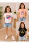 Summer Rainbow Heart, Daisy Heart, Hello Kity Printed Girls' Black, White, Pink Colors 3-Piece T-Shirt Set - 2