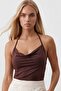 Women's brown halter neck degaje open back blouse alc-x15561