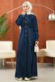 Dark Blue Waist-Tie Snap Button Denim Dress - 2