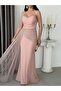 Powder Heart Collar Strapless Lace Embroidered Evening Dress - 6