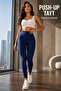 Leggings Women's Diver Lycra, Navy Blue 3 Different Patterned High Waist Push-Up Pocketed Gathering Sports Leggings - 4