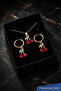 Red Crystal Stone Cherry Figured Pendant Hoop Earring Set - Gold - 2