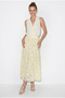Women's Yellow Elastic Waist Self-Patterned Lined Midi Skirt 355 60286035 - 2