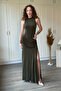 Drawstring Waist Slit High Neck Maxi Khaki Dress - 7
