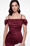 Women's Burgundy Thin Strap Long Knitted Satin Evening Dress - 3