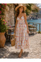 White Color Postcard Patterned Imported Bohemian Dress with Straps - 2