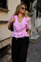 Women's Pink Double Breasted Collar Ruffle Detailed Short Sleeve Tie Front Blouse Arm-26Y001075
