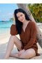 Women's Brown V-Neck Ruffle Detailed Muslin Shorts Two-Piece Set - Summer Casual and Beach Set - 2