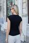 Women's Corded Balen Collar Short Sleeve Blouse with Epaulettes-Black - 4