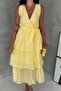 Women's Yellow Double-Breasted Layered Belted Midi Dress Nbk4674 - 3
