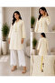 - Ivory Printed Cotton Modest Long Shirt with Lace Placket