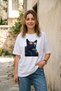 Unisex Oversize Black Cat and Chameleon Printed White T-Shirt Cotton Casual T-Shirt