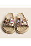 Valley Ethnic Pattern Gold Staple Detailed Side Buckle Glittery Comfort Slippers - 4