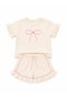 Girl's Ribbon Detailed Shorts Set with Ruffles and Short Sleeves, Comfortable Fit, 2-Piece Set