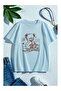 Women's Bear Printed Oversized T-Shirt Baby Blue
