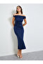 Navy Blue Off Shoulder Maxi Dress with Buckle Detail