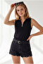 Women's Black Polo Collar Zippered Decorated Stretchy Blouse Blz-19003429 - 3