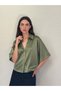 Satin Look Retro Model Loose Short Sleeve Shirt Women's Khaki - 3