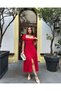 Women's Red Square Collar Watermelon Sleeve Slit Midi Dress Yel0959