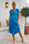 Blue-Green V-Neck Short Sleeve Patterned Casual Viscose Woven Dress 113 64