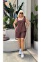Women's Brown Shoulder Tie Sofia Linen Shorts Plus Size Two-Piece Set - 3