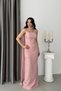 Powder Strapless Floral Stone Embroidered Shawl Detailed Long Evening Dress