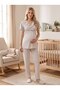 New Season Beige Melange Flounce Sleeve Design Short Sleeve Summer Breastfeeding Feature 100% Cotton Maternity Dressing Gown Pajama Set - 4