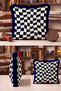 Checkered Geometric Stylish Fringed Pillowcase-Wavy Square Retro Cream Navy Blue Tassel Throw Pillow Cover