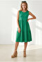 Women's Grass Green Crew Neck Segmented Sleeveless Cotton Dress Elb-19002665 - 4