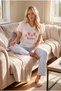 Women's Pajama Set, 100% Cotton, V-Neck, Short Sleeve, Heart Printed, Six Stripes - 2