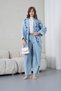 Women's Bead Embellished Denim Kimono Cardigan and Denim Trousers Set - 2