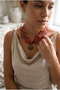 Handmade Red Titanium Ribbon and Brass Base with Turquoise and Coral Mosaic Inlay Nepalese Necklace